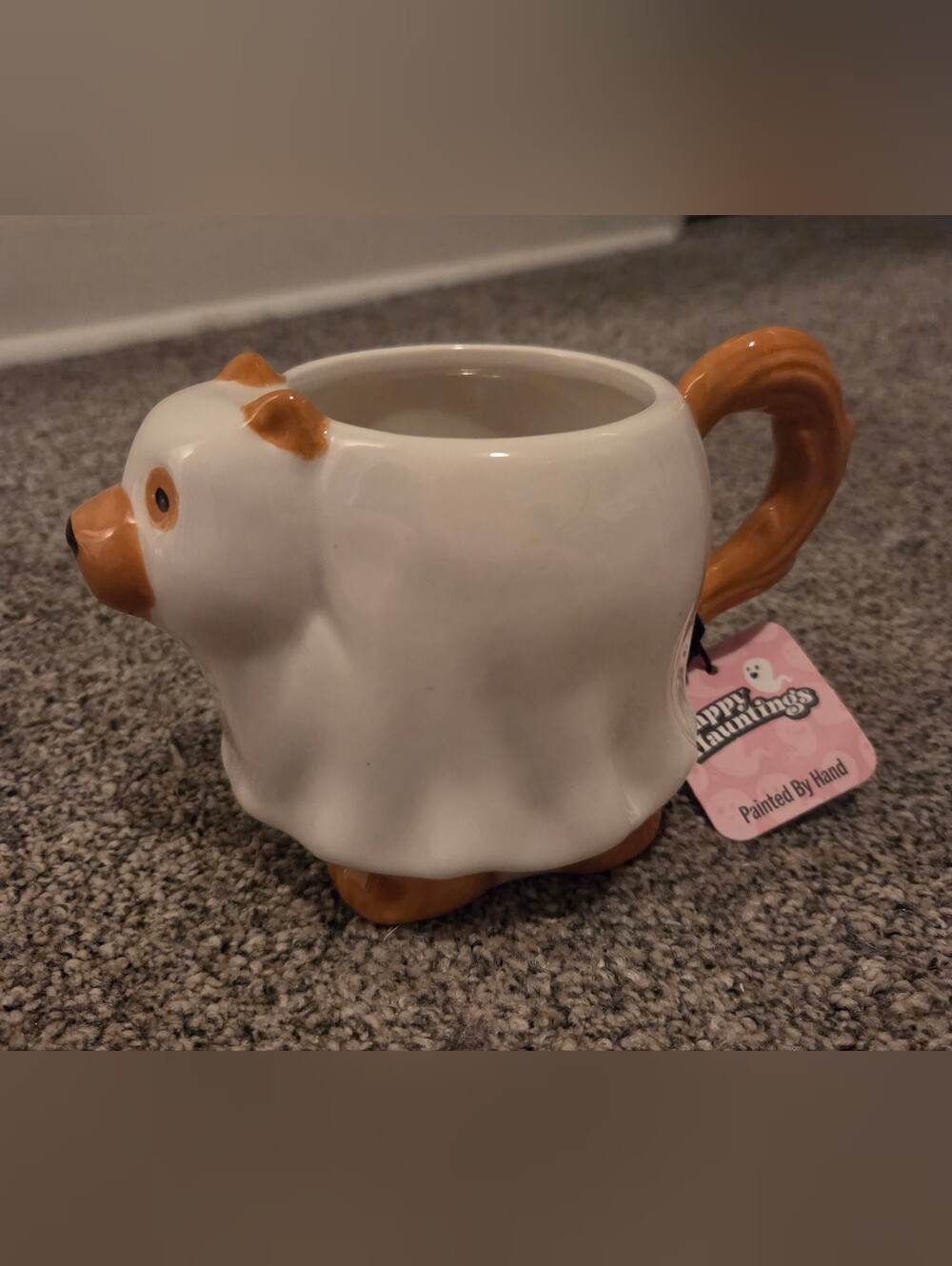 White & Brown Ghost Dog Ceramic Mug Halloween Handpainted Design